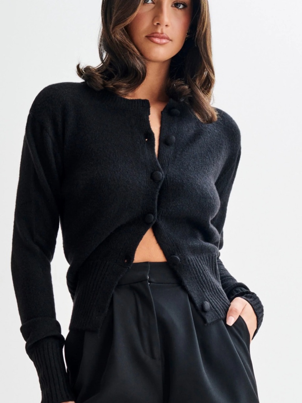 Meshki Black Button-Front Knit Cardigan